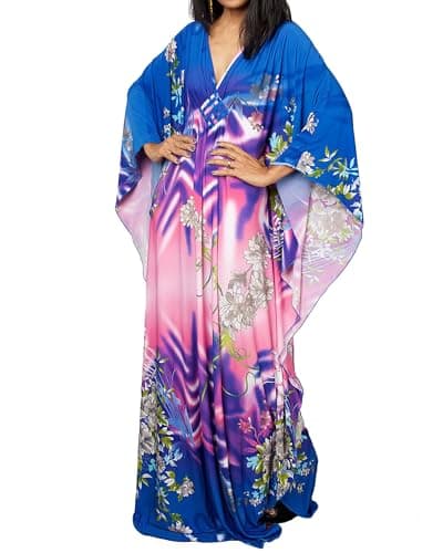 Image of Bsubseach Plus Size Caftan Dresses for Women Swimsuit Cover Up Batwing Sleeve Summer Maxi Kaftan Dress Blue Pink Floral
