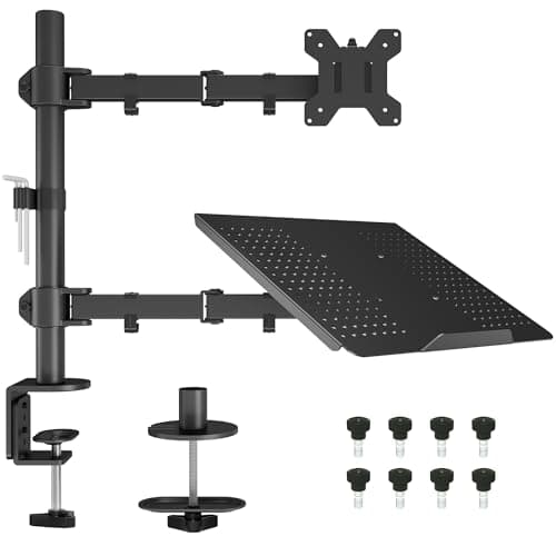 Image of BONTEC Monitor Arm Mount with Laptop Tray for 13 to 27 inch LCD LED Screen & up to 17 inch Notebook,Tilt Rotation Swivel Ergonomic Desk Stand Bracket with Clamp, VESA Dimensions: 75x75-100x100mm