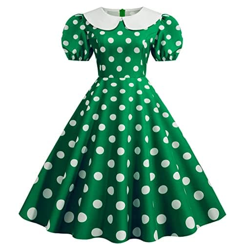 Image of Polka Dot Dress for Women Shirt Collar Short Sleeve Dress 50s Vintage Retro Rockabilly Swing Dress Audrey Hepburn Style Dress A-Line Skater Party Evening Dress Special Occasion Cocktail Dress Green