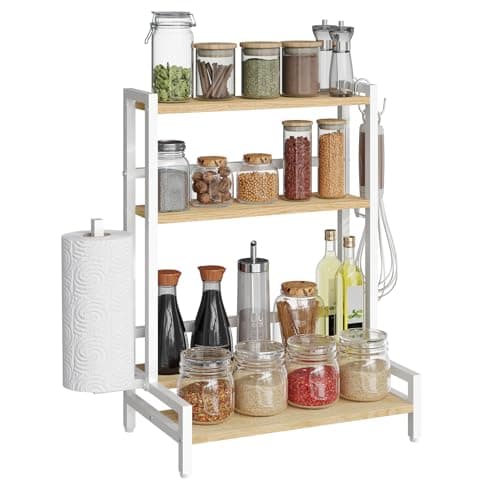 Image of MAHANCRIS Spice Rack, Kitchen Countertop Storage Shelf, 4-Tier Desktop Organiser with Towel Holder, Coffee Station, Seasoning Rack for Kitchen, Dining Room, Bathroom, White and Natural ASPBN17601
