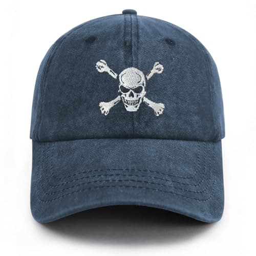Image of Gaakvrr Skull and Crossbones Baseball Cap for Men Women, Embroidered Skeleton Hat, Funny Adjustable Washed Denim Cotton Skull Hat(Dark Blue)