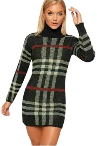 Image of Best Look Womens Ladies Polo Neck Tartan Knitted Midi Long Sleeve Bodycon Jumper Dress (Black, 16)