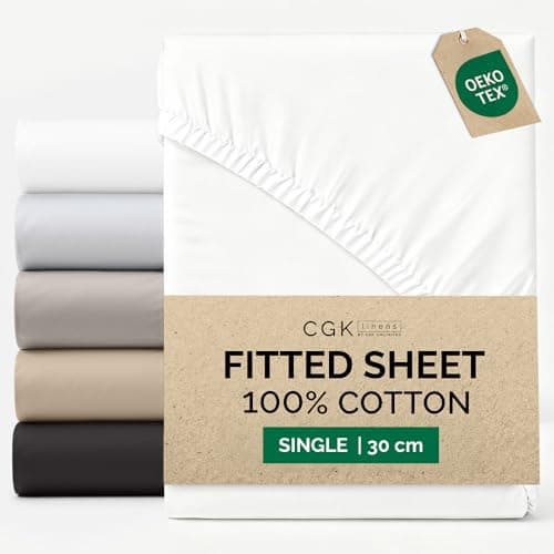 Image of Single Fitted Sheet 90x190 cm - 100% Cotton Sateen 400 Thread Count - Deep Fitted Sheet for Mattresses up to 30 cm (12")- Soft, Breathable & Wrinkle Free - Hotel Quality - OEKO-TEX - White