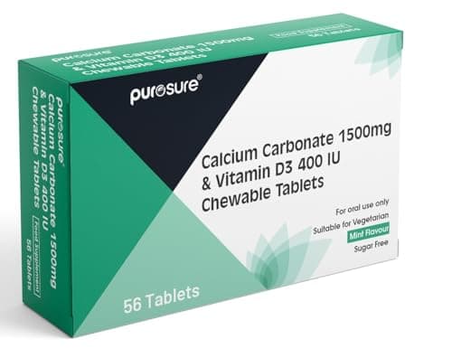 Image of PUROSURE Calcium Carbonate 1500mg with Vitamin D3 400 IU – Mint Flavour | 56 Chewable Tablets | Bone & Teeth Health Easy-to-Chew Calcium + D3 Supplement (Mint Flavour - 56)