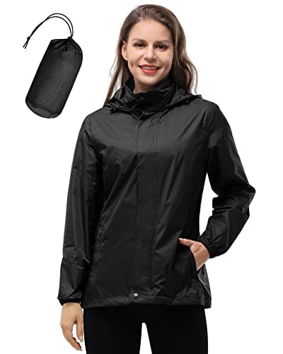 Image of 33,000ft Women's Lightweight Rain Jackets Hooded Breathable Packable Running Raincoats Active Trench Windbreaker with Hideaway Hood for Cycling Hiking (Black-3XL/UK 20-22)