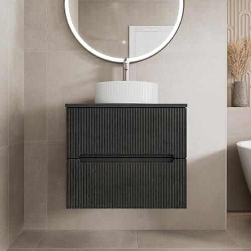 Image of Vitusso® 600mm Fluted Bathroom Cloakroom Vanity Unit Countertop White Round Basin Sink Wall Hung Storage Furniture Soft Close, Black