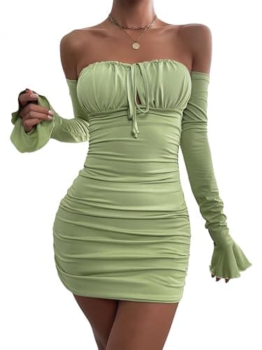 Image of Zesoyne Women Off the Shoulder Ruched Bodycon Mini Dress Flounce Long Sleeve Tie Front Short Club Dresses Small Light Green