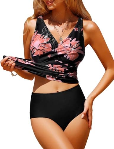 Image of UMIPUBO Womens Tankini Sets Tummy Control Swimsuit Push Up Padded Swimwear Twist Front Tankini Top with Bikini Bottoms V Neck 2 Piece Bathing Suits Swiming Costume (Floral Print, M)