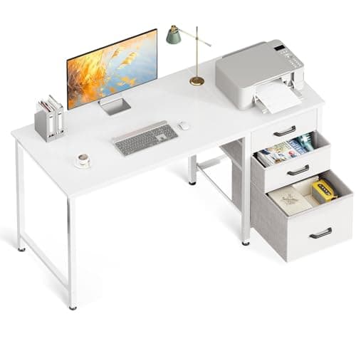 Image of Coleshome Computer Desk with Drawers, 120×48cm Office Desk with Storage, Reversible Small White Desks for Home Office
