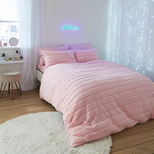 Image of Sassy B Hella Cosy Banded Faux Fur Double Duvet Cover Set Pink By