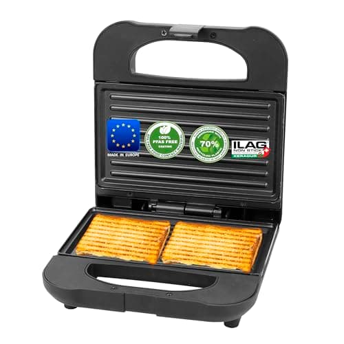 Image of Emerio Sandwich Maker, Panini Grill, Made in Europe, PFAS-free Non-Stick Coating by Ilag (Xeradur 2), Made from Approx. 70% Recycled Plastic, Very Sustainable, 700 W, ST-130038