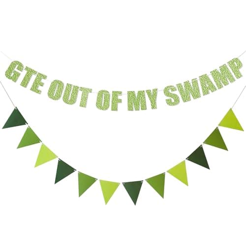 Image of Wasise Get Out of My Swamp Banner - Funny Birthday Banners, Swamp Halloween Decor, Green Glitter Party Decorations, Funny Housewarming Party Decor, Room Backdrop Decorations