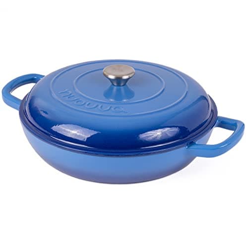 Image of Shallow Cast Iron Casserole with Lid – Non Stick Dutch Oven Pot, Oven Safe up to 500° F – Sturdy Ovenproof Stockpot Cookware – Enamelled Cooking Pot – Dark Blue, 3.7-Quart, 30cm – by Nuovva