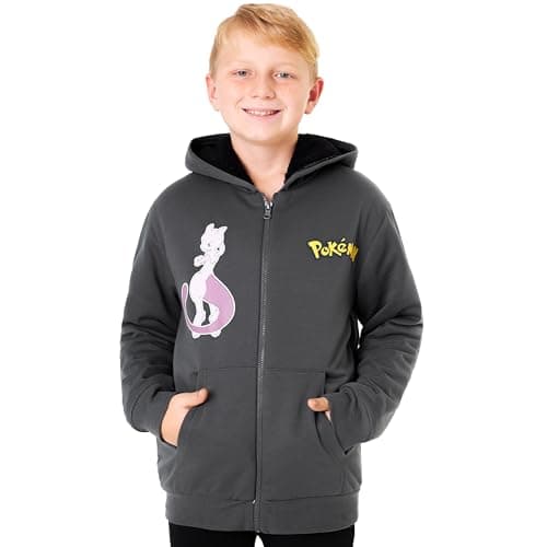 Image of Pokemon Hoodies for Boys Teens 7-14 Years, Soft Sherpa Fleece Hooded Sweatshirt, Warm Zip Up Loungewear, Anime Gifts for Boys (11-12 Years, Grey Mewtwo)