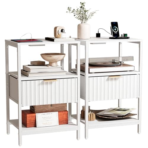 Image of Bonnlo Bedside Table with Charging Station, Grille Nightstand with USB, Type-C and Plug, Small End Tables with 2 Shelve, 1 Fabric Drawers and Cabinet, 38×30×60cm Bedside Cabinet (2, White)