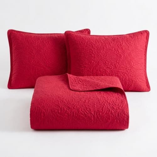 Image of StylemyBedroom Ultrasonic Floral Bedspread Set - Soft Microfiber Quilted Coverlet for All Seasons - Includes Matching Pillow Shams (Red, King (U.K. Standard))
