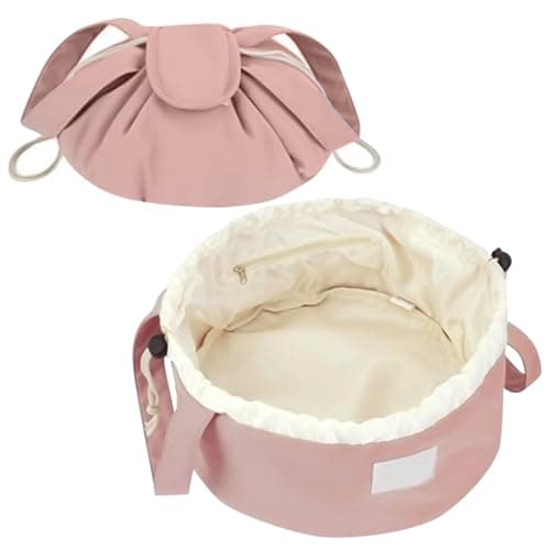 Image of Drawstring Makeup Bag,GWAWG Lazy Flat Lay Makeup Bag Magic Cosmetic Pouch Bag Drawstring for Women Girl(Pink)