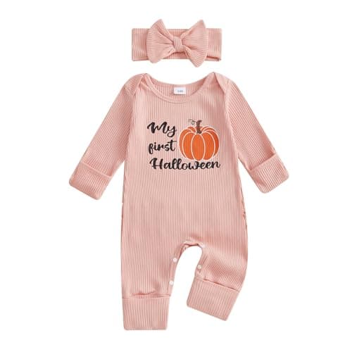 Image of Geagodelia My First Halloween Baby Girl Outfit Cute Pumpkin Print Long Sleeve One Piece Halloween Baby Clothes with Headband (Pumpkin My First Halloween Pink, 0-3 Months)