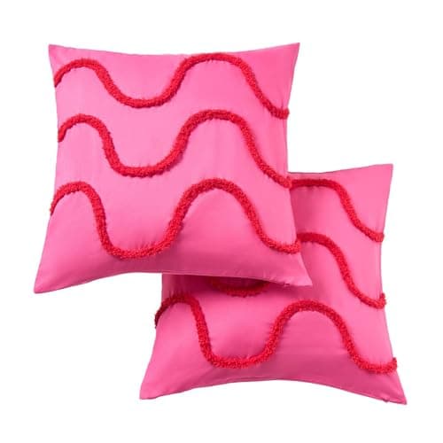 Image of OHS Tufted Wave Cushion Covers 45 x 45 Set of 2, Gifts for Women Super Soft Decorative Square Throw Pillow Cover with Invisible Zipper Sofa Cushions Home Decor for Bedroom Living Room, Pink/Red