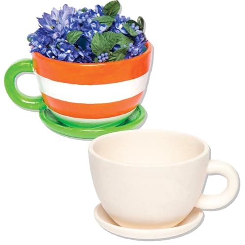 Image of Baker Ross AC624 Cup and Saucer Ceramic Plant Pots for Children to Design Paint and Decorate, Assorted, Box of 2