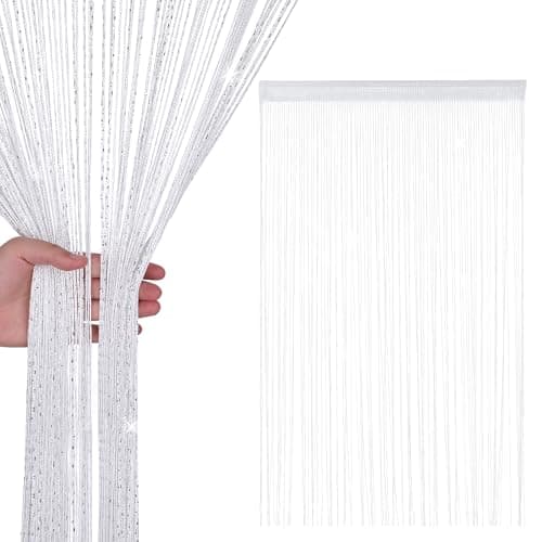 Image of WedDecor White String Curtains Glitter Fringe Panel Fly Screen Room Divider Tassel Curtain for Doors, Doorway, Windows, Home Décor, Event Decoration, (90cm x 200cm)