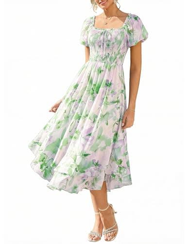 Image of GRACE KARIN Women Summer Floral Dress Puff Sleeve Square Neck Smocked A-line Maxi Dresses for Women UK Green M