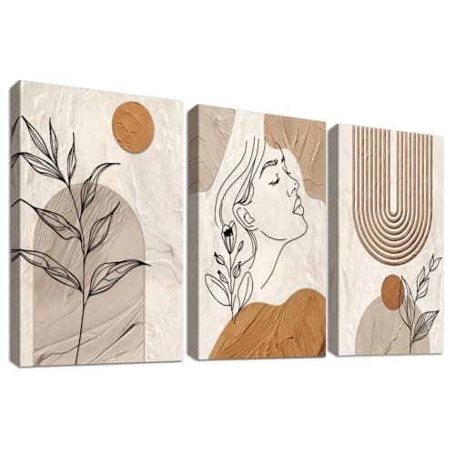 Image of Set of 3 Wooden Framed Bohemian Earth Tone Canvas Wall Art Elegant Abstract Woman Face Painting on Canvas Prints Geometric Sun Pictures for Living Room Bedroom Hallway Wall Decor 40x60cm x3pcs