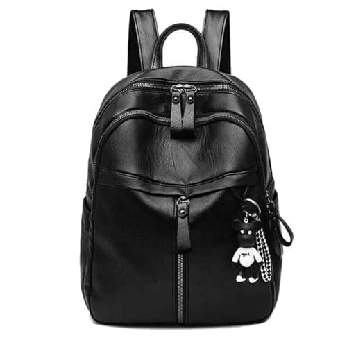Image of LSFYSZD Fashion PU Leather Women Backpack Shoulders Bag Large Capacity Multipurpose Travel Bag Leather Zipper Closure Bear Pendant for Back to School Backpacks for Teenage Girls (Black, One Size)