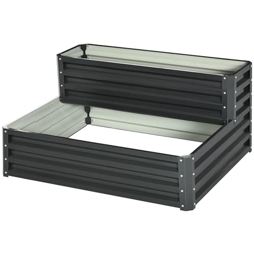 Image of Outsunny 2 Tier Galvanised Raised Garden Bed with Open Bottom, Outdoor Steel Planter Box for Flowers, Vegetables and Herbs, 120 x 101 x 58 cm, Dark Grey