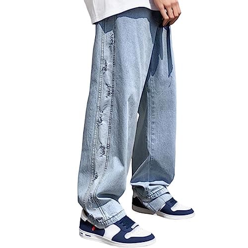 Image of Men's Baggy Jeans Y2k Jeans Vintage Denim Trousers Straight Leg Streetwear Hip Hop High Waist Large Size Light Blue Y2K Jeans Patchwork Casual Skateboard Pants, O Blue, S