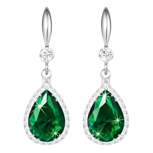 Image of Linawe Silver Emerald Green Earrings, Imitation Diamond Dangle Rhinestone Cubic Zirconia Crystal Drop Earrings for Women, Teardrop Birthstone Drop Earrings, Wedding Jewellery Set