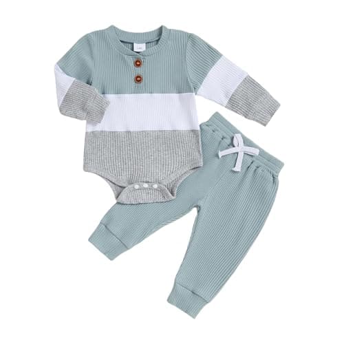 Image of Newborn Baby Boy Outfit Contrast Color Long Sleeve Bodysuits Romper Tops Trousers Two Piece Jumpers Set Warm Knitwear Autumn Winter Clothes (Blue, 9-12 Months)