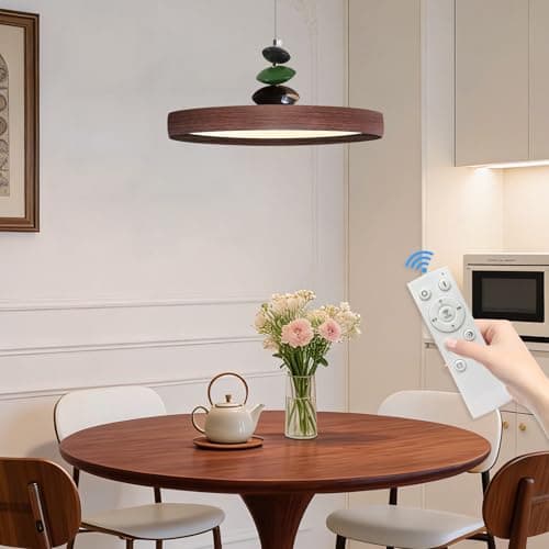 Image of Mikeru 40cm Round Pendant Light, Wood Grain Finish, with Remote Control 3000K/4500K/6500K Dimmable Pendant Light, Height Adjustable 1.5M, Suitable for Kitchen, Living Room, Office