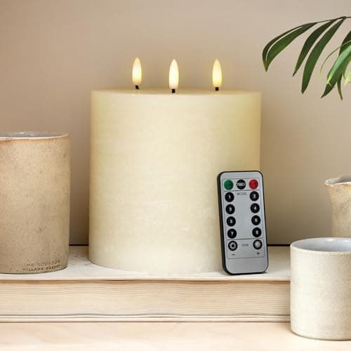 Image of Christow 3 Wick Flameless LED Candle with Remote Control, Real Cream Wax, Battery Powered with Timer, Brightness & Flicker/Steady Glow, Flickering Warm White LED Flames, Safe Home Decor, H15cm x Ø15cm