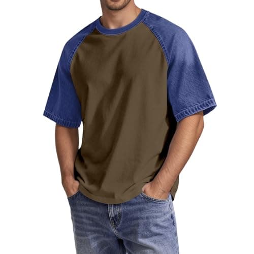 Image of Tobysper Men's Crew Neck Patchwork T-Shirt Short Sleeve Summer T-Shirt Casual Top Comfortable Breathable T-Shirts Men Fashionable Loose Casual Shirt, O Brown, S
