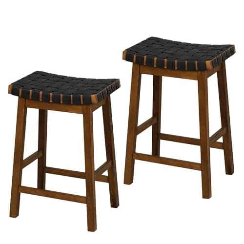 Image of GiantexUK Saddle Stools Set of 2/4, PU Leather Woven Kitchen Counter Height Stools with Curved Seat & Rubber Wood Footrests, Acacia Wood Breakfast Bar Chairs for Home Dining Room (2, 44 x 35 x 65cm)