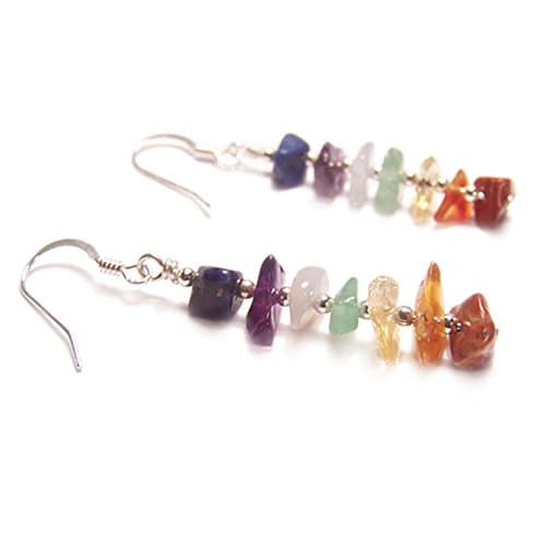 Image of LunarraStar Women 925 Sterling Silver Chakra Earrings Gemstone Multicoloured Amethyst Lapis Lazuli and Blue Lace Agate Pierced