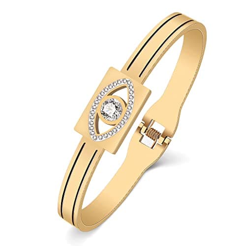 Image of WEVENI Cute Stainless Steel Evil Eye Bracelets Cuff Bangles 18K Gold Plated Lucky Amulet Jewelry Gifts Charms for Women Girls (1 Evil Eye Gold)