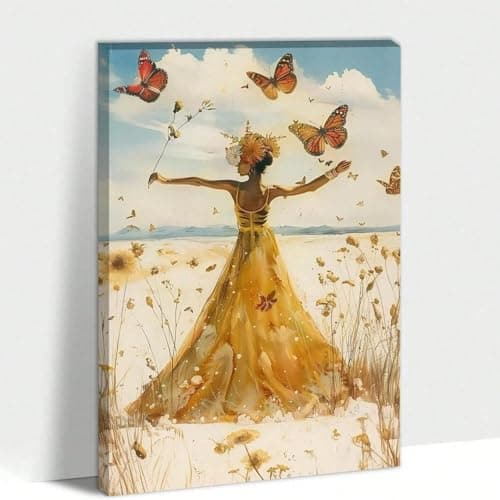 Image of AIHNBF Ethereal African American Woman Wall Art Butterfly Goddess in Yellow Dress Canvas Print Bohemian Nature Scene Painting for Serene Living Room and Bedroom Decor
