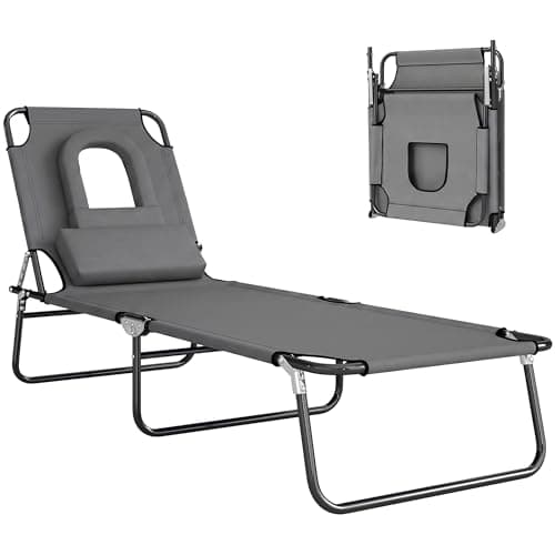 Image of Outsunny Folding Sun Lounger with Face Hole, 4-Position Adjustable Backrest Garden Recliner Chair Sunbed, Outdoor Lounge Chair with 600 D Oxford Cloth Seat, Pillow for Beach, Dark Grey