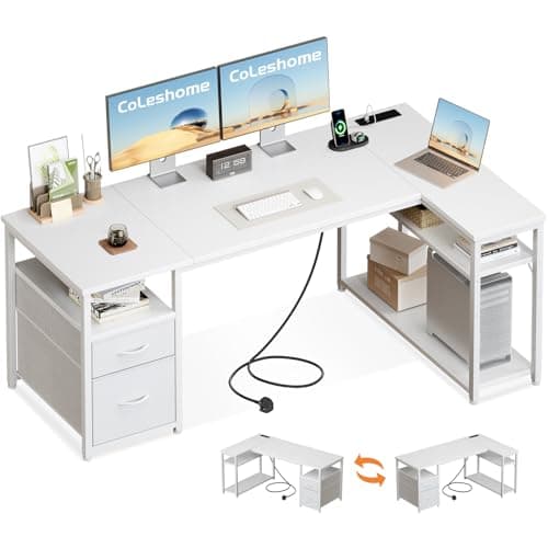 Image of Coleshome Computer Desk with Drawers, 140×80 cm Corner Office Desk with Built-in Power Outlet, Reversible L Shaped Desk with Storage Shelves for Home Office, White