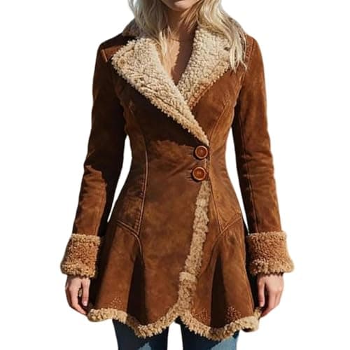 Image of Women Faux Suede Shearling Coat with Trim, Women's Faux Fur Lined Suede Coat Winter Thicken Warm Ruffles Lapel Jacket Slim Tunics Mid-Thermal Sherpa Outerwear Fashion Vintage Western OutClothes