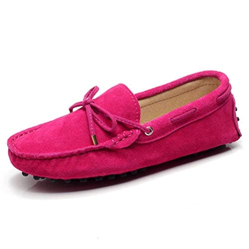 Image of Jamron Women's Classic Suede Bow Tie Loafers Comfort Handmade Slipper Moccasins Fuchsia 24208-2 UK6
