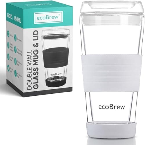 Image of ecoBrew Glass Reusable Coffee Cups | Double Walled Insulated Cup for Hot and Cold Drinks | 16oz / 450ml Eco-Friendly Travel Coffee Mug with Lid | Grey