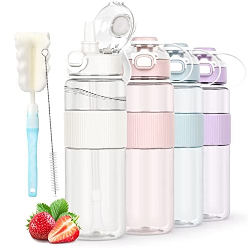 Image of AOHAN Water Bottle with Straw, Sports 1l Brush and Sticker, Leakproof Drinks Bottle, BPA Free Clear Ideal for Running Gym School Office Outdoor Activity