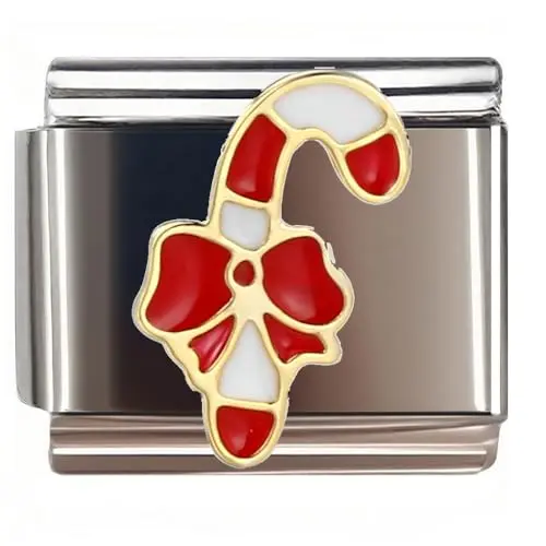 Image of NOOFNO Italian Bracelet Charm,9mm,Red Bow Candy Cane,Holiday > Christmas
