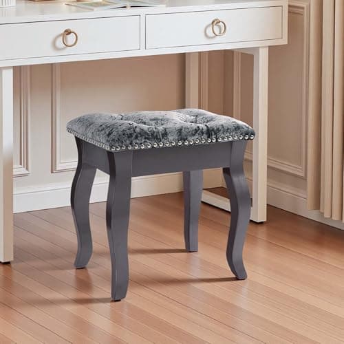 Image of Warmiehomy Makeup Vanity Stool Chair for Dressing Table, Comfy Velvet Dressing Table Stool Piano Chair for Bedroom Living Room Dressing Room, with Grey Wooden Legs, 40 x 30 x 45cm