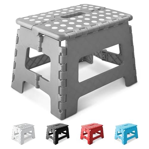 Image of KEPLIN 9 Inch Heavy Duty Folding Step Stool | Non-Slip Foldable Footstool for Toddlers, Children & Adults | Portable, Lightweight Plastic Footstep w/Carrying Handle for Indoor or Outdoor (Grey)