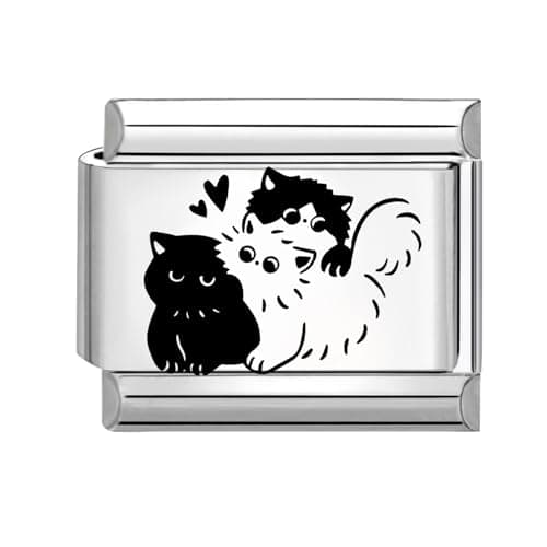 Image of Jodimitty Cat Pattern Italian Charm Silver Stainless Steel Modular Charm, Gifts for Pet Lover, fits all 9mm Bracelet, Black White Engraved Design (Cat R)