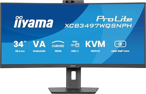Image of iiyama Prolite XCB3497WQSNPH-B1 34 inch VA UWQHD Curved Monitor with Integrated Windows Hello Camera & Microphone, USB-C Dock, LAN, KVM Switch